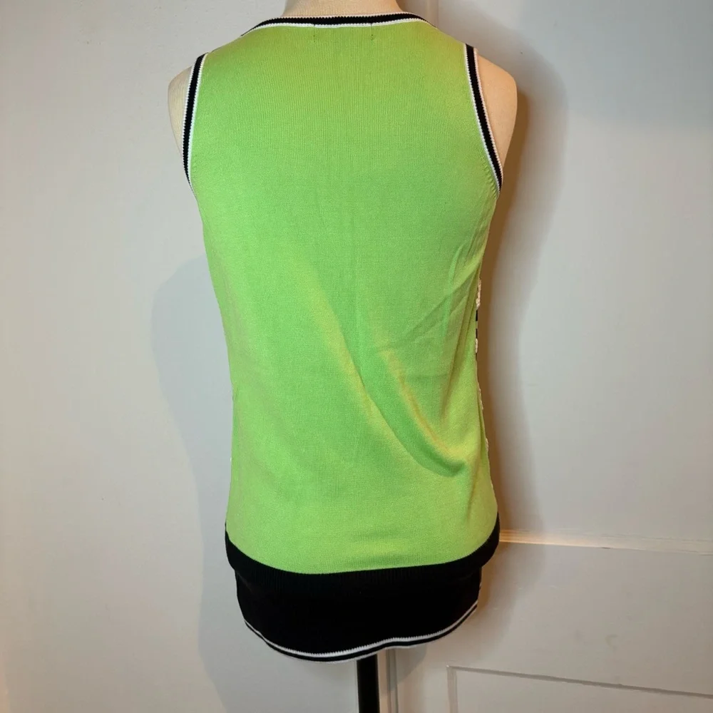 Vintage Berek groovy lime green black & white sequin sweater vest - Picture 2 of 5